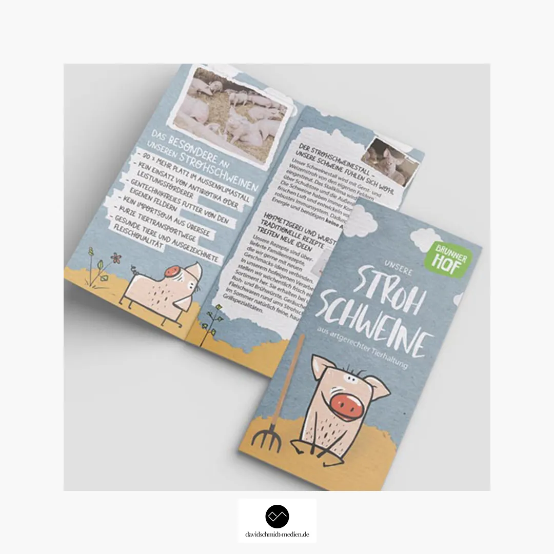 Printdesign für Brunner Hof – Flyer über Strohschweine aus artgerechter Tierhaltung, gestaltet von davidschmidt-medien.de für regionale Landwirtschaft in Schwandorf